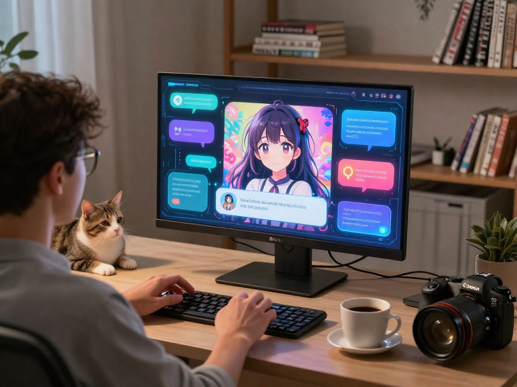 Interactive scene showcasing hentai ai chat on a vibrant digital interface in a cozy home office.