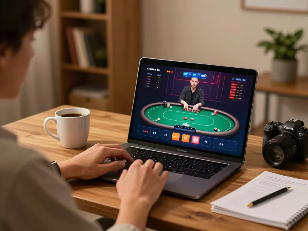 Strategic player enjoying poker on 388bet, showcasing online gaming with cozy home elements.