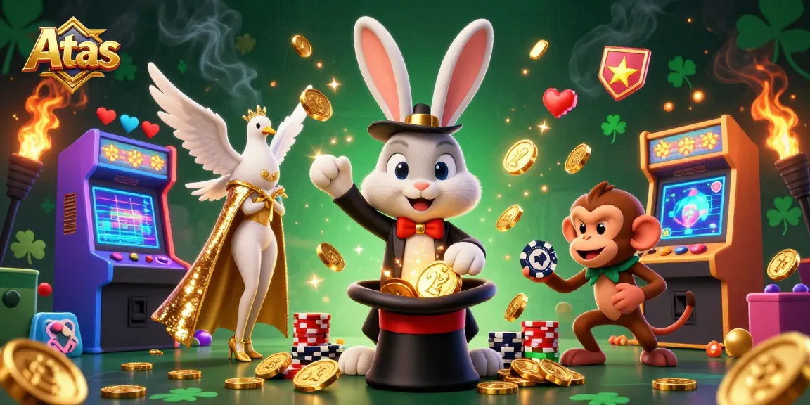 Experience thrilling gameplay at Atas with a colorful casino scene featuring a magician, dove, and playful monkey.