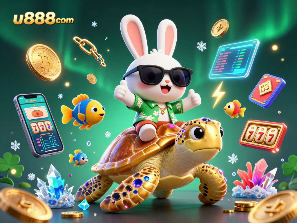 Experience excitement with u888com as the lucky rabbit rides a golden sea turtle amidst vibrant casino elements.