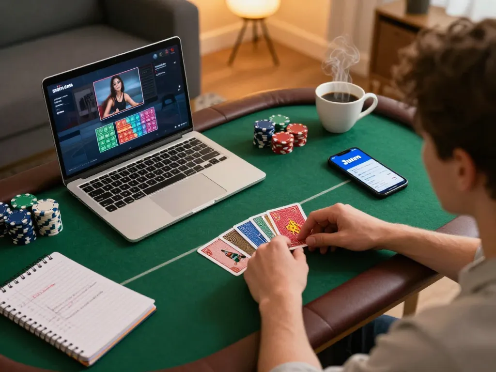 Player engaged in a poker game on a laptop while referencing strategies, demonstrating action on the 3win com platform.
