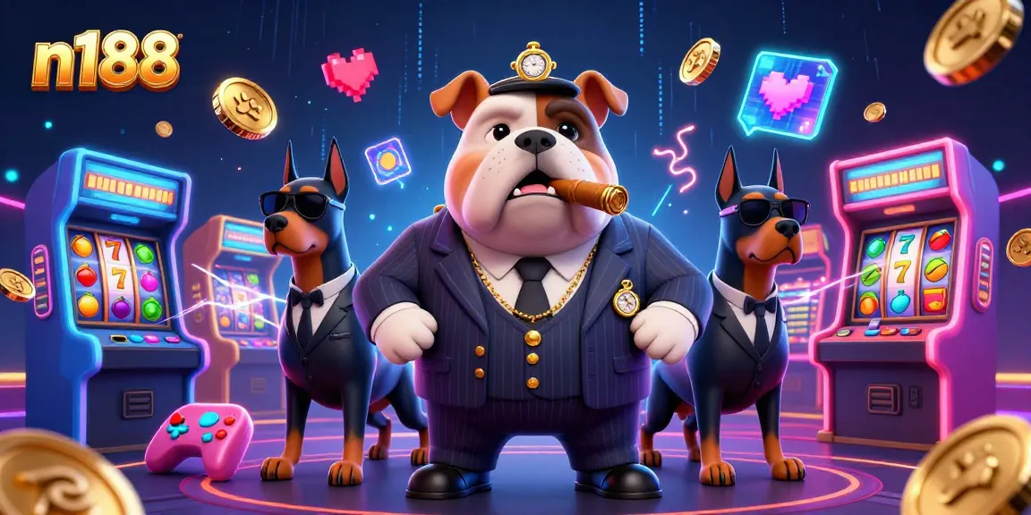 N188 casino-themed 3D illustration with a cartoon mafia bulldog and symbols of gambling fortune.