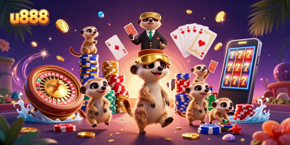 Experience the thrill of u888's casino with meerkats, chips, and gold coins in action-packed illustration.