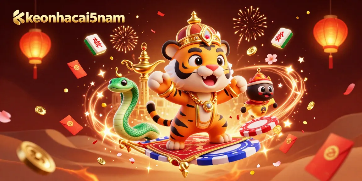 Bet on keonhacai5nam with vibrant casino-themed illustration featuring a tiger sultan on a flying carpet.