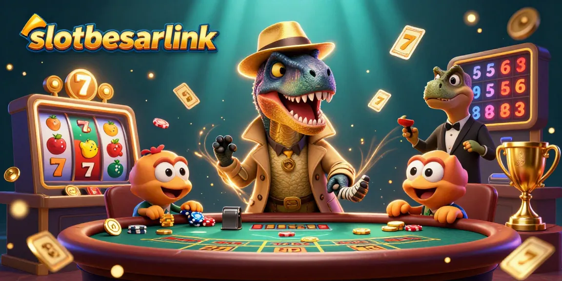 Engage in thrilling gameplay with slotbesarlink's dynamic casino atmosphere featuring cartoon dinosaurs.