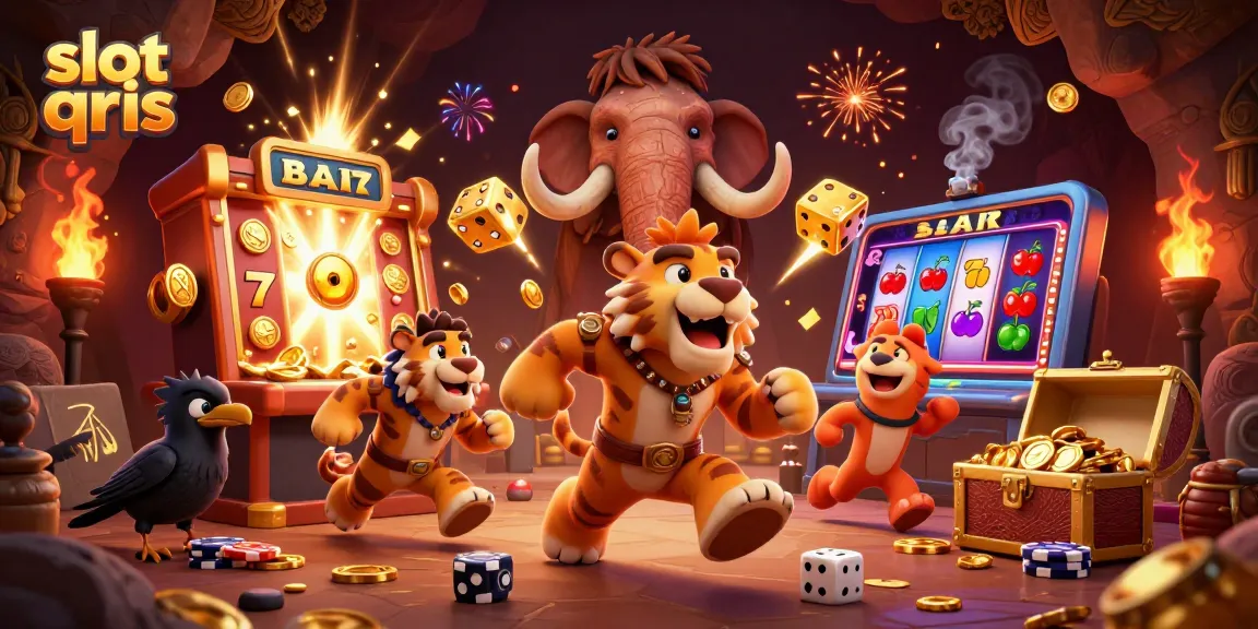 Experience exhilarating slot qris action with vibrant characters and jackpot bursts in a prehistoric scene.