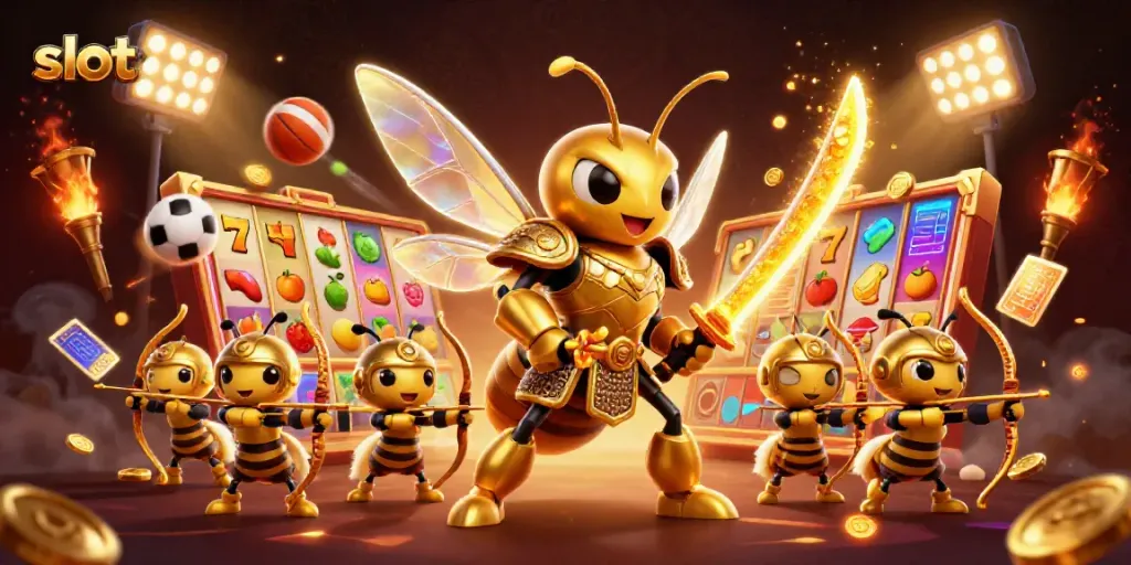 Experience the thrill of slot games with a golden samurai hornet and vibrant slot elements.