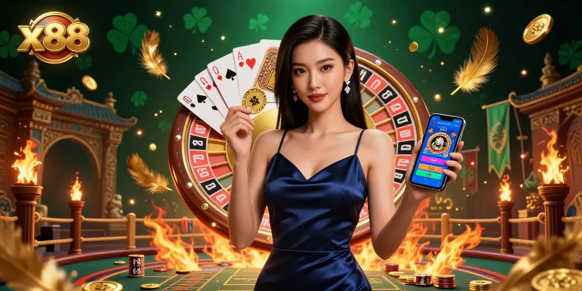 x88 casino illustration featuring an Asian woman confidently holding a smartphone and golden chip, surrounded by vibrant elements.