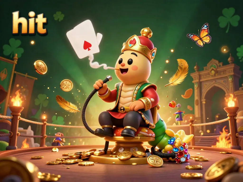 Engage in thrilling hit gaming action illustrated with a whimsical casino scene featuring a caterpillar and poker elements.