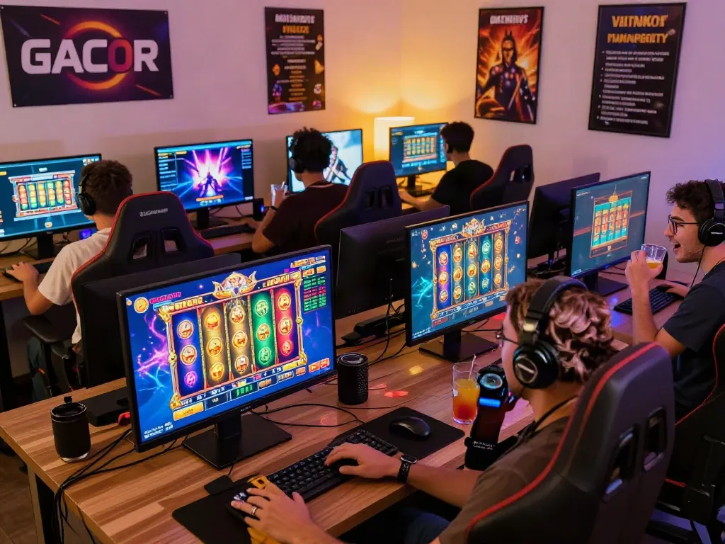 slot gacor hari ini players excitedly engaging in vibrant online gaming session at home