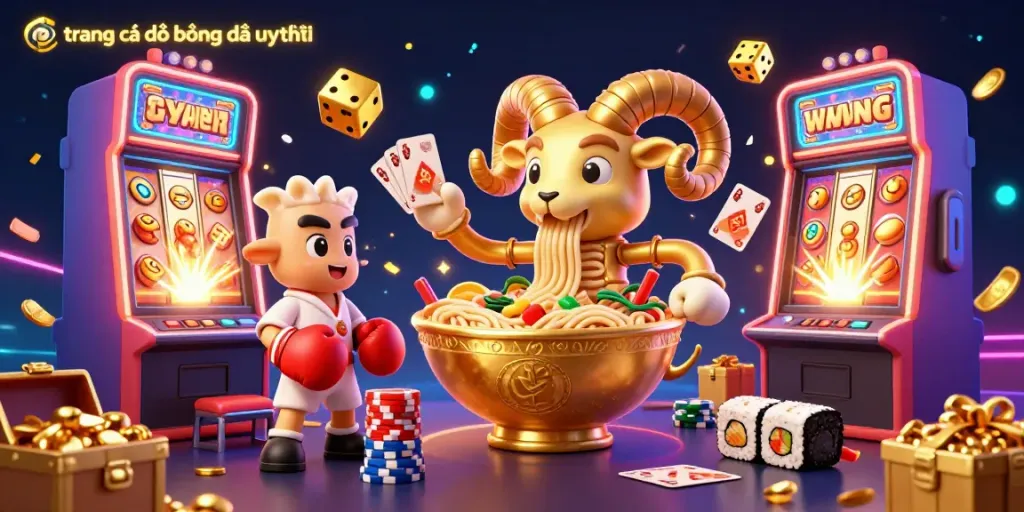 Exciting 3D illustration representing trang cá độ bóng đá uy tín featuring a golden ramen bowl character dealing cards in a vibrant casino scene.