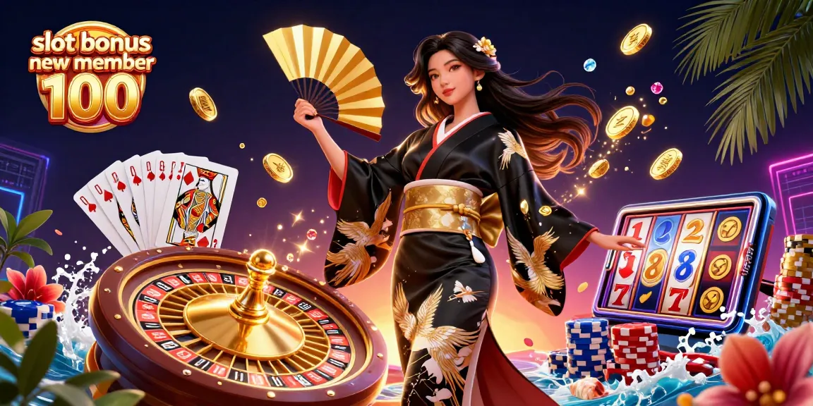 Win big with the slot bonus new member 100 in this vibrant casino scene illustration.