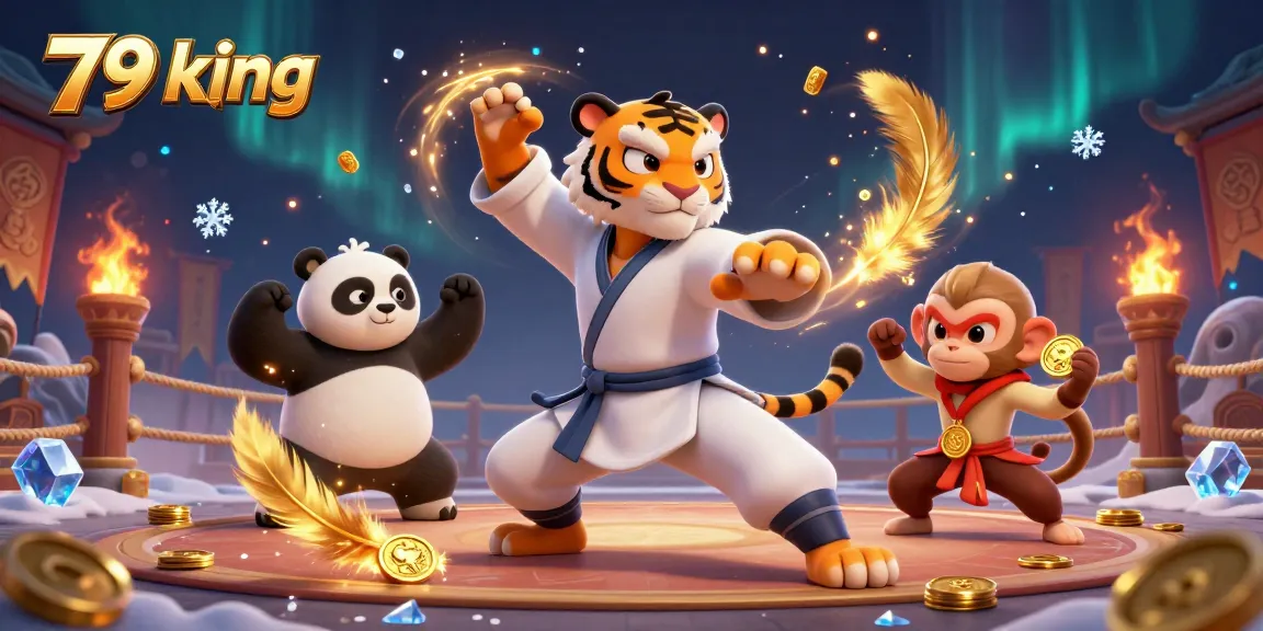 79 king illustration depicting a kung fu tiger master amid gold coins and betting tokens in a dynamic casino scene.
