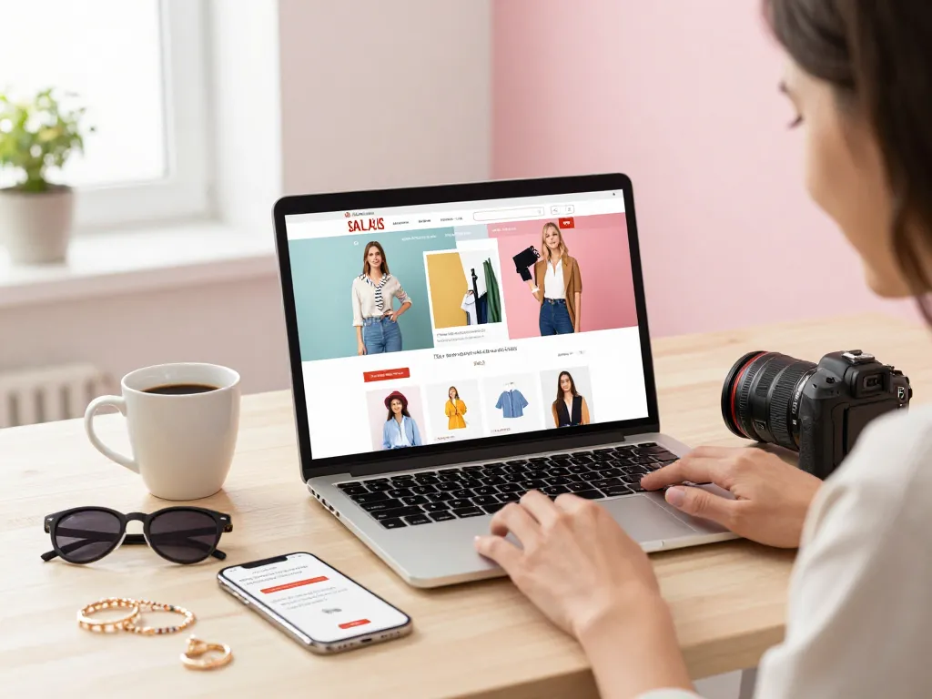 Customer browsing https://hubet88.icu/ for exciting sales and new fashion products in bright home office.