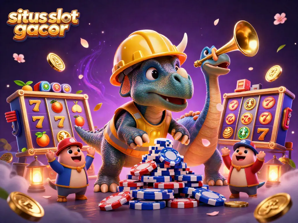 situs slot gacor menampilkan triceratops membangun chip poker dikelilingi elemen slot permainan yang berwarna-warni