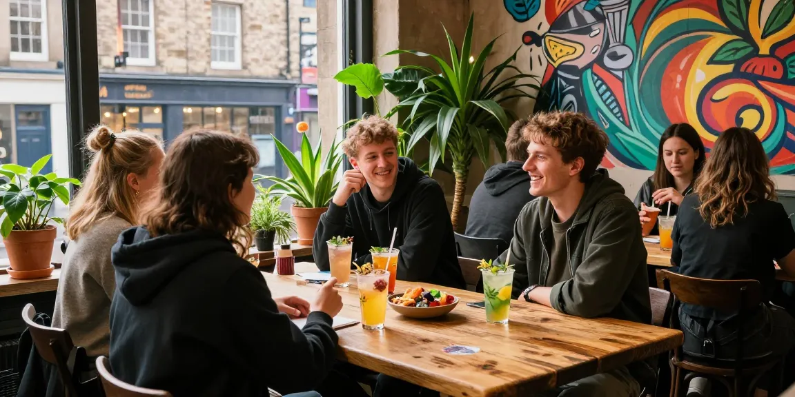 Friends enjoying Weed Edinburgh at a cannabis-friendly café with plant-based snacks and drinks.