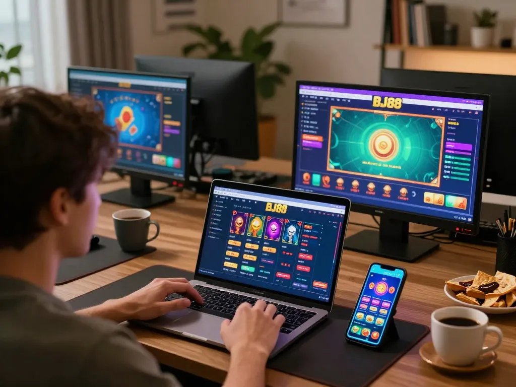 Player enjoying BJ88 online casino games on laptop and mobile, showcasing vibrant gaming interface