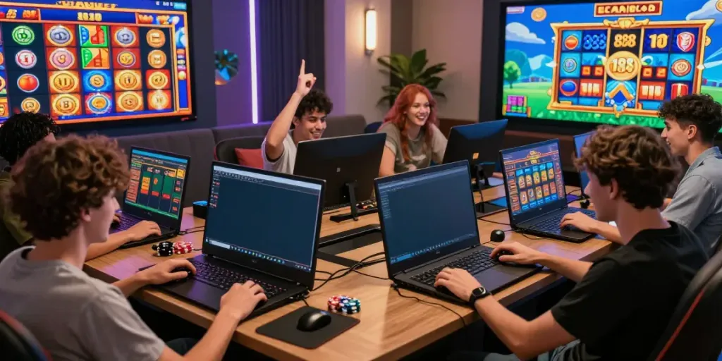Excited players enjoying slot88 games on smartphones and laptops in a vibrant gaming environment.