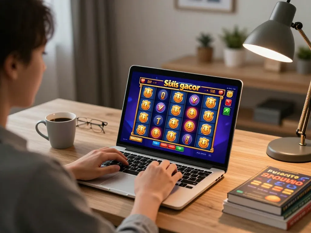 Engaging with situs gacor on a laptop during home gaming session, showcasing colorful slot reels and cozy atmosphere.