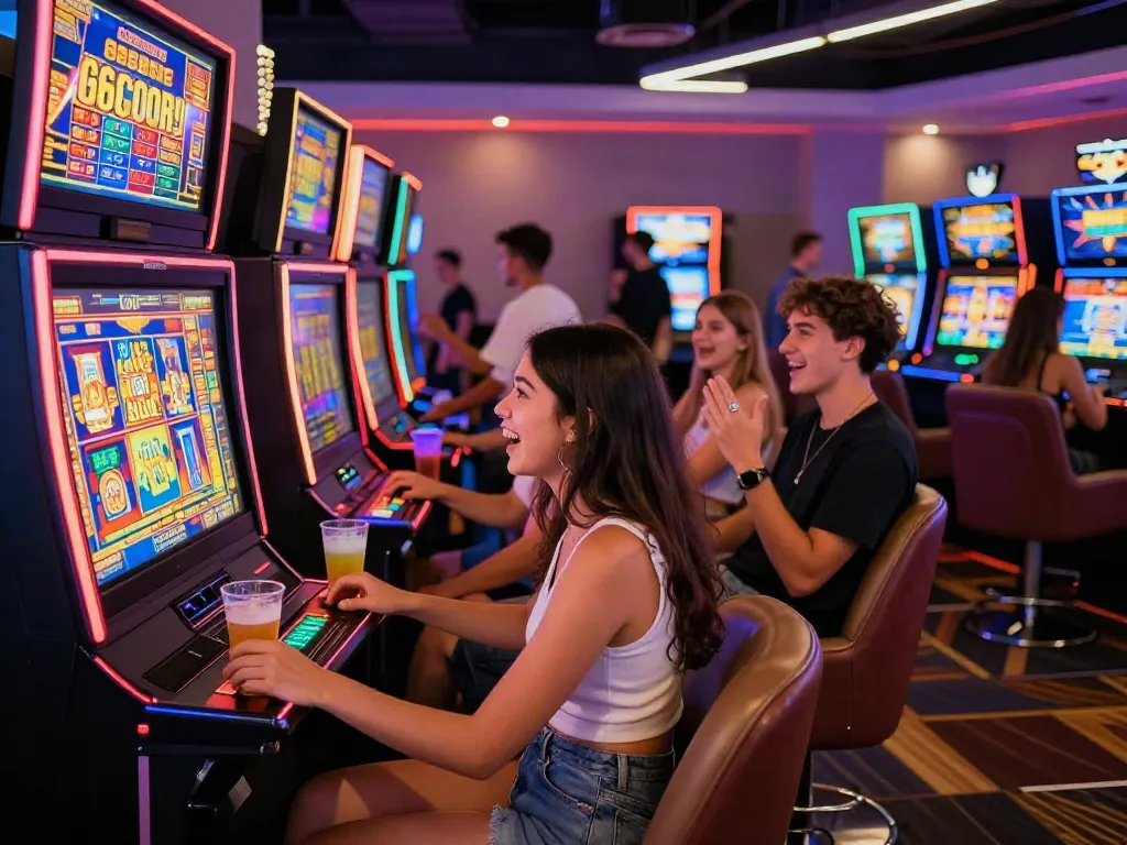 Excited gamers celebrating slot gacor wins in a lively online casino setting