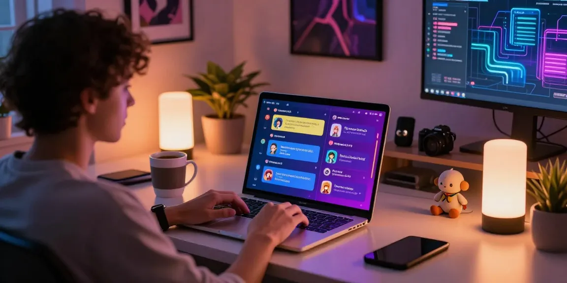 Engaging AI NSFW chat scene depicting a user customizing colorful character options on a sleek laptop.