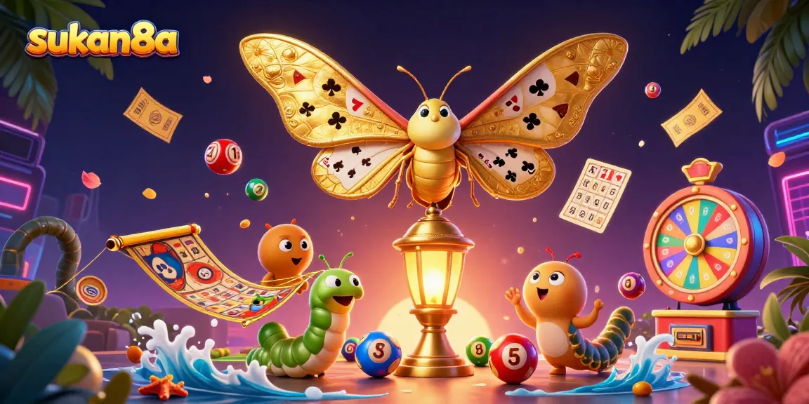 Sukan8a presents a vibrant scene of a 3D illustrated moth amidst lottery elements, celebrating the thrill of gaming.