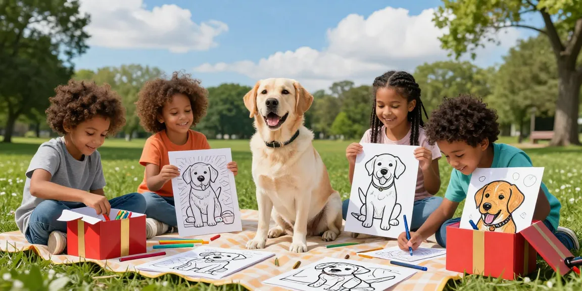 Children engaged in cartoon character coloring pages, surrounded by playful Labrador Retriever illustrations in a sunny park.