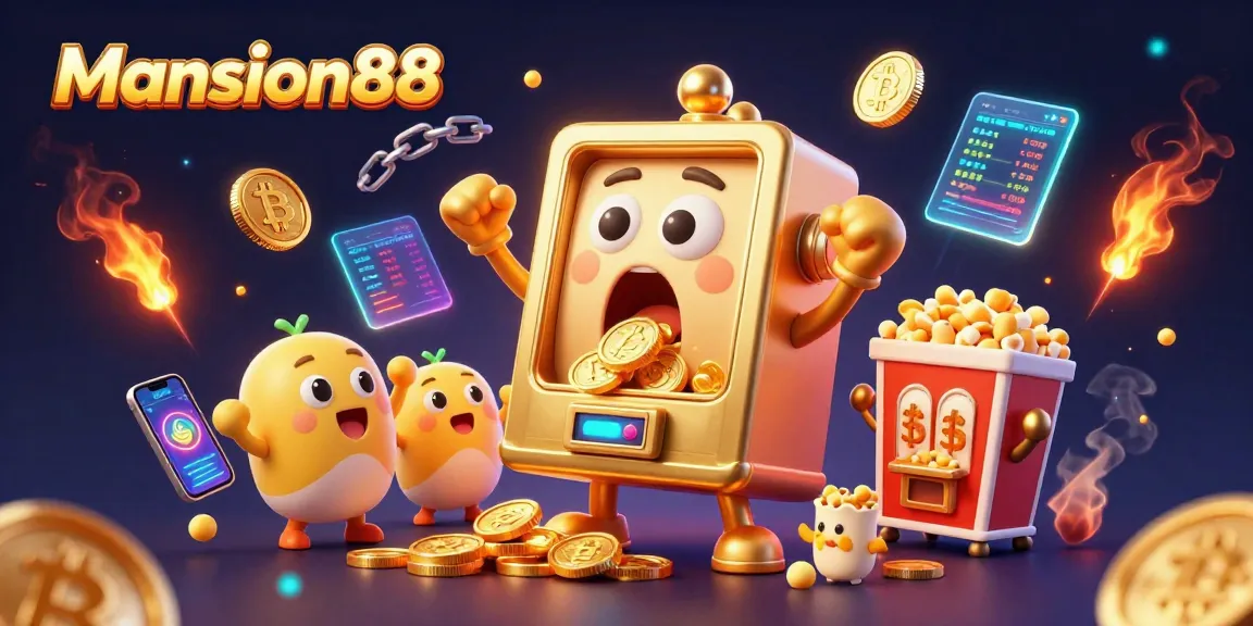Mansion88 slot machine hits jackpot surrounded by cheering baby slots and popcorn machine.