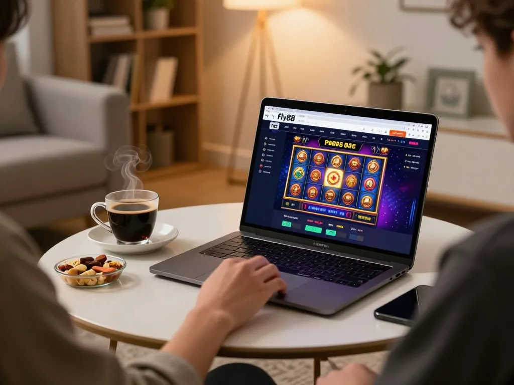 Player enjoying Fly88 online slot games at home, showcasing a comfortable setup with snacks and drinks.