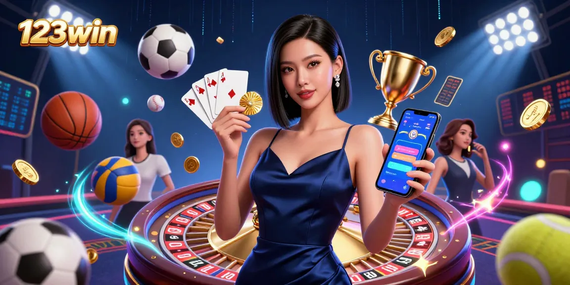 Experience the excitement of 123win with a stunning woman showcasing casino elements and sports betting.