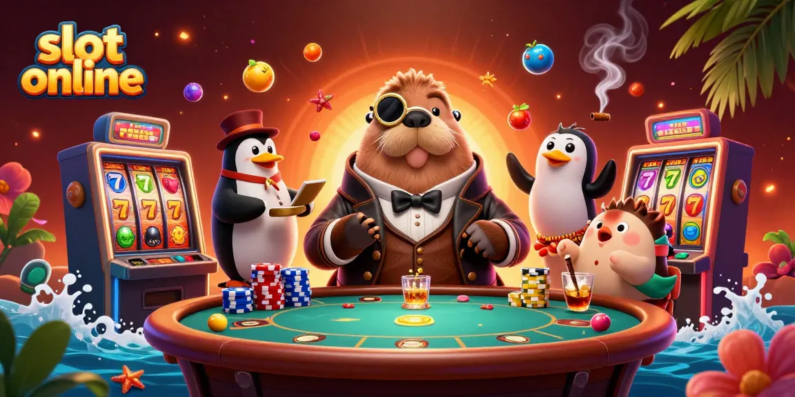 Permainan slot online yang menarik dengan walrus dan dealer penguin di meja kasino.