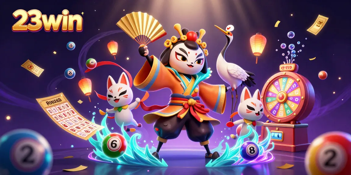 Enjoy thrilling casino action with 23win's vibrant 3D gaming scene featuring kabuki warrior and lucky charms.
