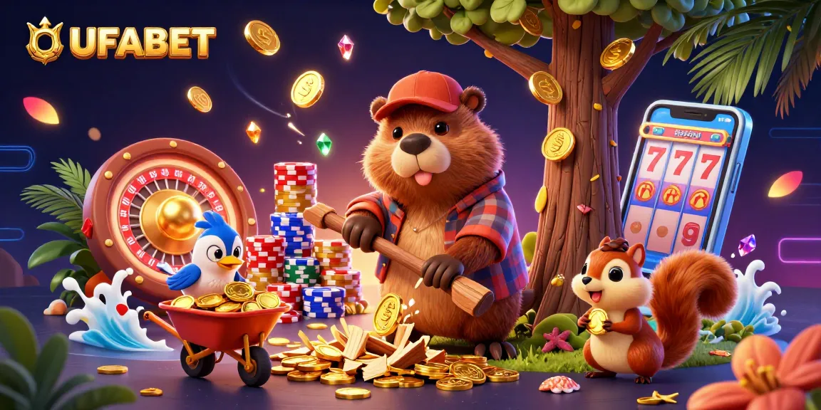 Bet on your luck with UFABET while enjoying a vibrant casino scene filled with gold coins and lively characters.