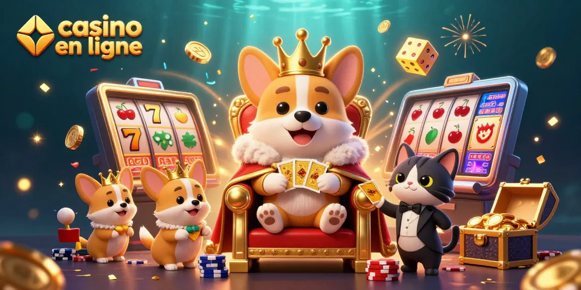 Jouez à des jeux de casino en ligne avec le corgi royal entouré de machines à sous et d'effets festifs.