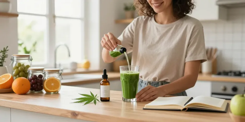Enjoying cheap disposable vapes with CBD oil in a bright kitchen, emphasizing natural wellness.