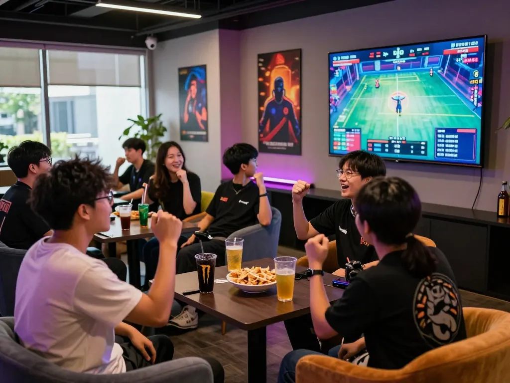 Exciting esports betting Singapore scene with gamers enjoying live matches and snacks.