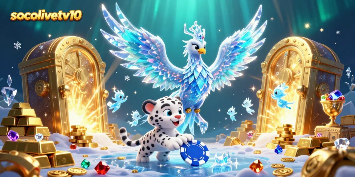 Socolivetv10 offers immersive action with a unique fantasy casino scene, showcasing a cartoon ice phoenix, snow leopard, and glowing sprites.