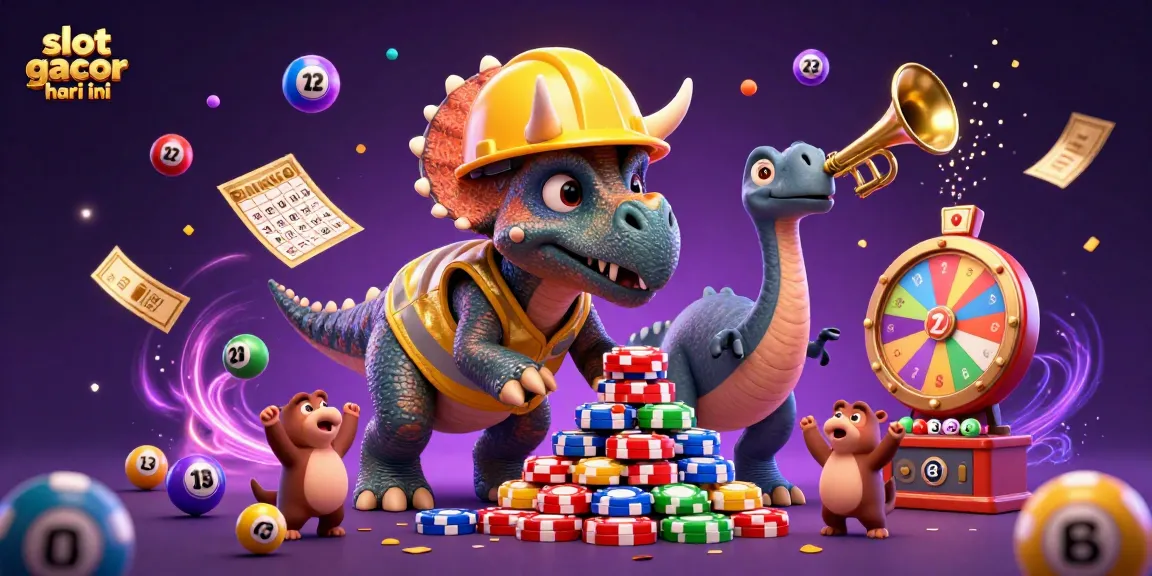 Engage with slot gacor hari ini in a vibrant casino scene featuring animated dinosaur characters celebrating with lottery elements.