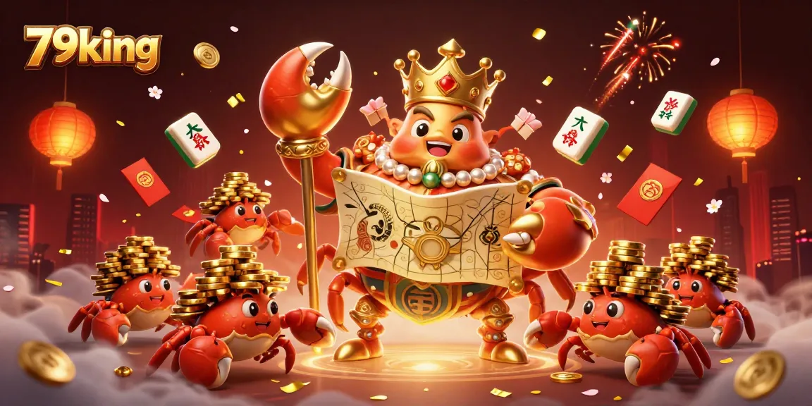 Join the excitement at 79king with a vibrant scene featuring a golden crab emperor amidst casino symbols.