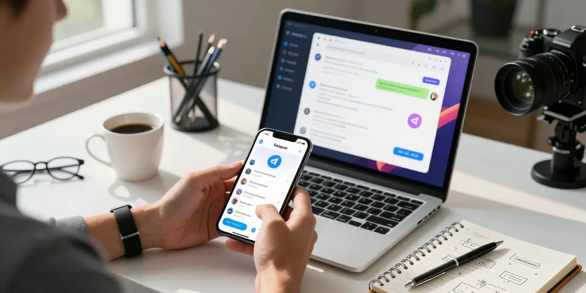 Engaging workspace showing telegram中文版 app features on a smartphone and laptop, enhancing productivity.