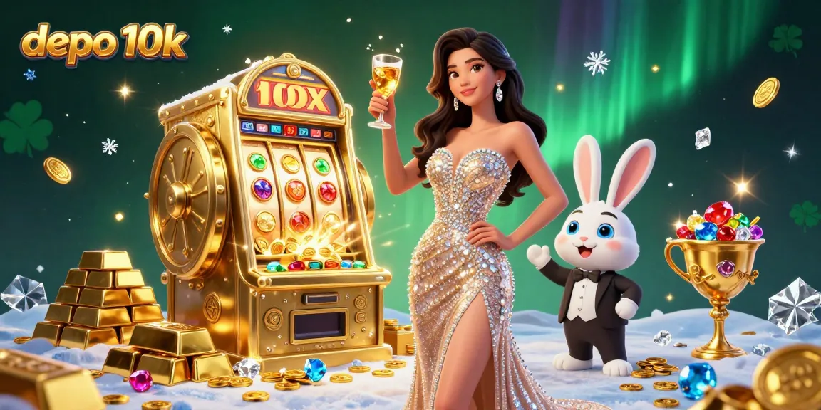 Experience the thrill of depo 10k gaming with a glamorous woman toasting beside a jackpot slot machine.