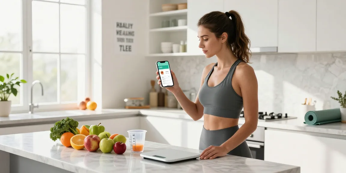 Woman engaging with the best nutrition tracking app in a modern kitchen filled with fresh ingredients.
