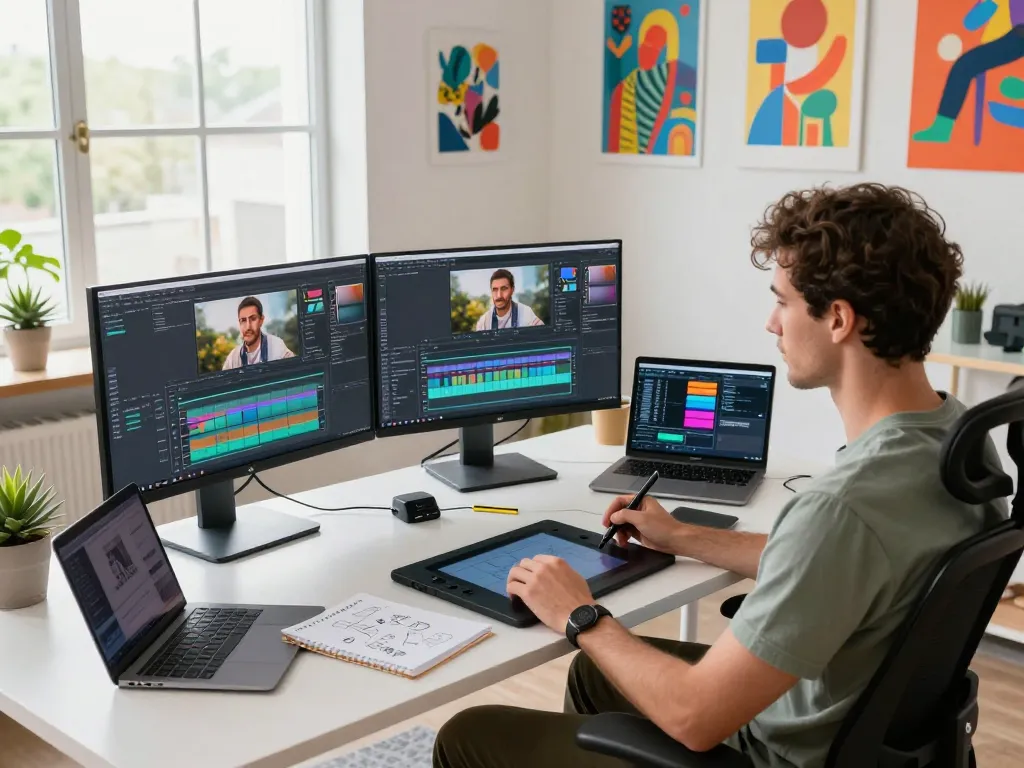 Creative workspace with developer using nano banana 2 software to generate images on multiple screens.