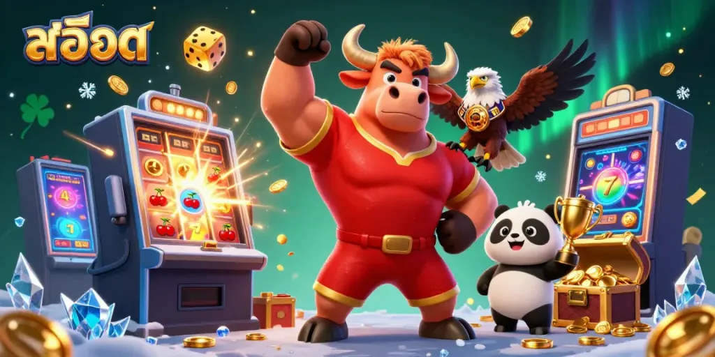 Spin the สล็อต slot machine to reveal jackpot chances with a winning mascot trio.