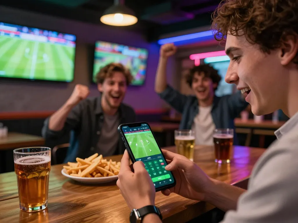Engaged user placing a keonhacai bet using a smartphone app during a live football game at a sports bar.
