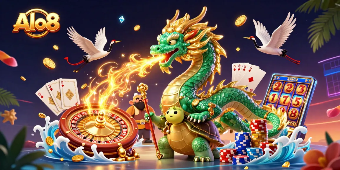 Alo8 showcases an enchanting dragon, turtle sage, and lucky cranes amidst dazzling casino games.