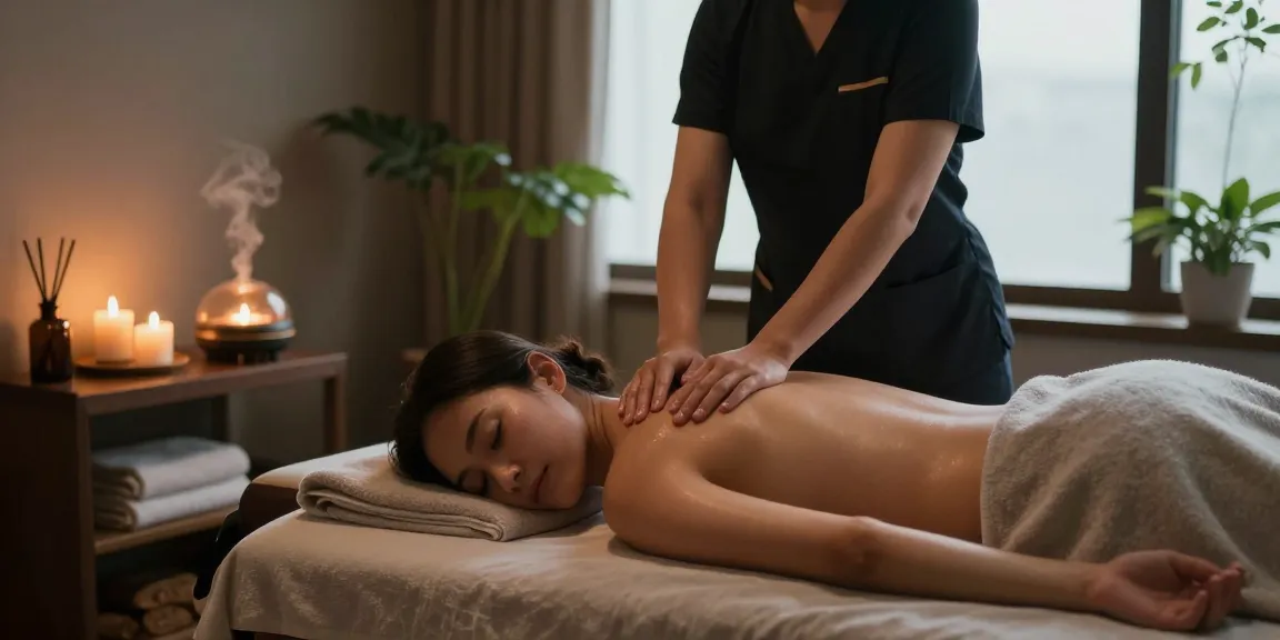 Relaxing massage scene with professional therapist giving a soothing 마사지 treatment in a serene spa environment.