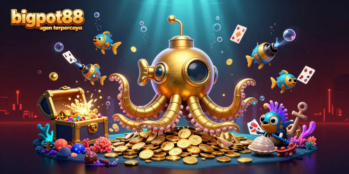 Experience the excitement of bigpot88 agen terpercaya with a dynamic illustration of a kraken submarine amid gold and jewels.
