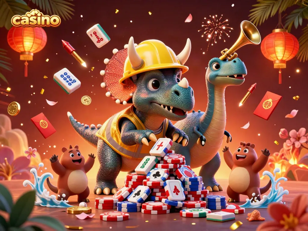 Engaging scene of a triceratops building poker chips while surrounded by casino elements for a vibrant atmosphere.