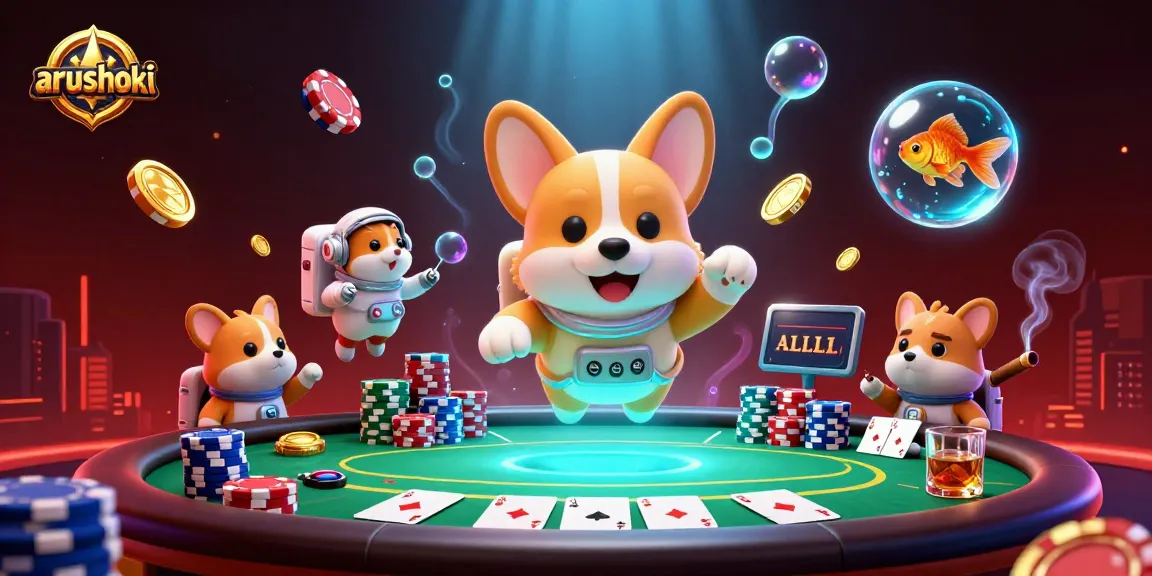 Gambarkan arushoki dalam kasino luar angkasa dengan astronaut anjing, koin emas, dan chip poker mengapung.
